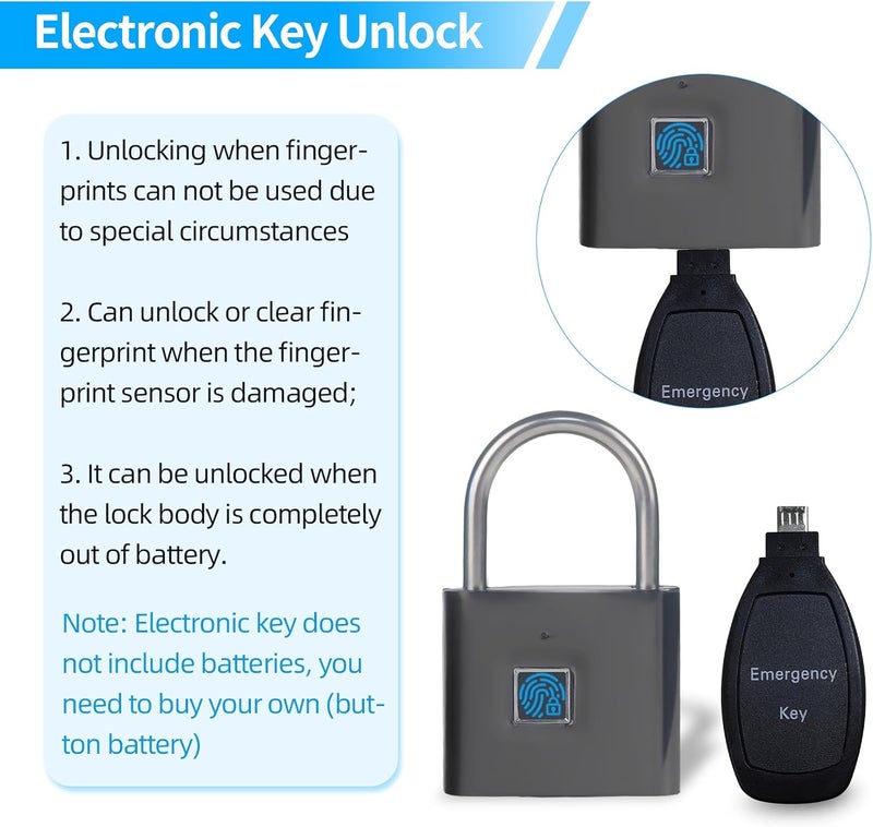 KENRONE Fingerprint Padlock with Emergency Key, IP66 Waterproof and Rustproof, Outdoor Indoor Universal Smart Lock for Warehouses, Gym, Schools, Homes, Office Cabinets - Image 3